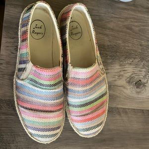 Jack Rogers women’s size 9 multi- colored, striped, slip on shoes